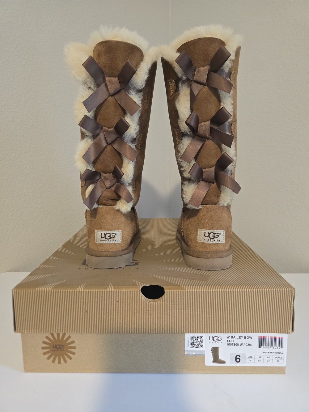 UGG Bailey Bow Tall Boots - Chestnut Suede with Cream Shearling